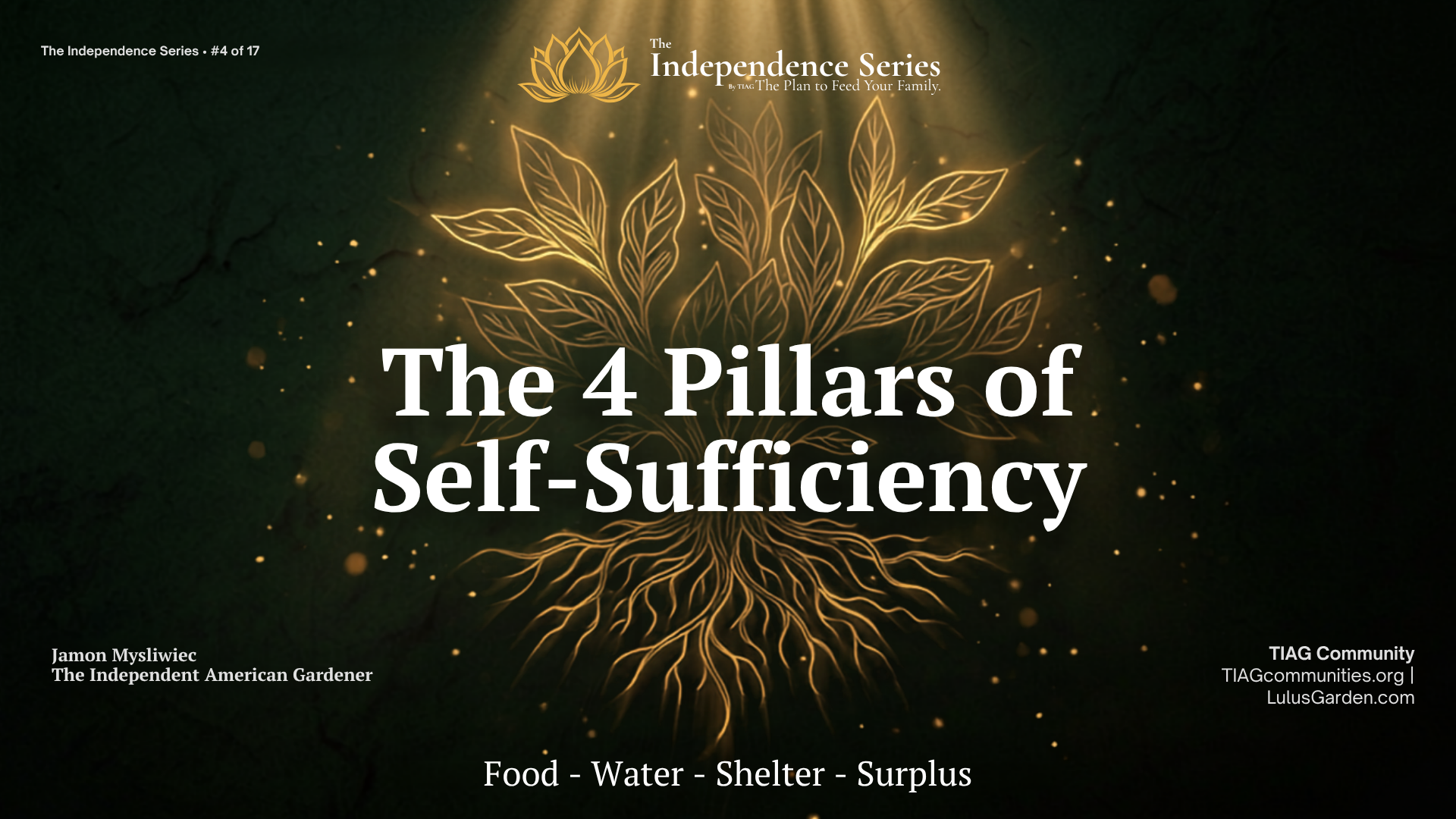 The 4 Pillars of Self-Sufficiency — Food, Water, Shelter, Surplus. The Independence Series, Webinar #4 of 17. Jamon Mysliwiec, The Independent American Gardener.